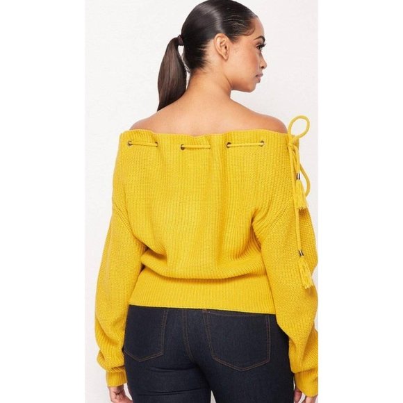 Honey Mustard Drawstring Off Shoulder Sweater - Picture 5 of 9